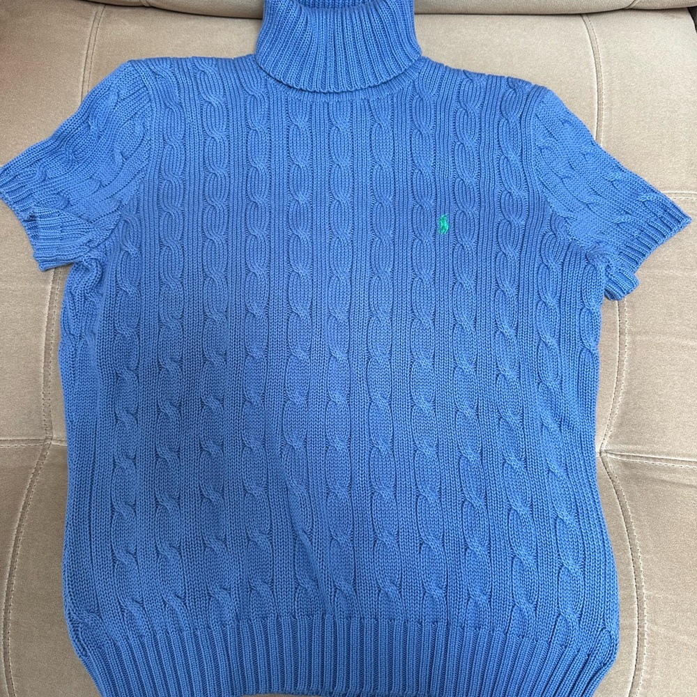 Ralph Lauren Blue Cable-Knit Short-Sleeve Turtleneck Sweater with Green Logo